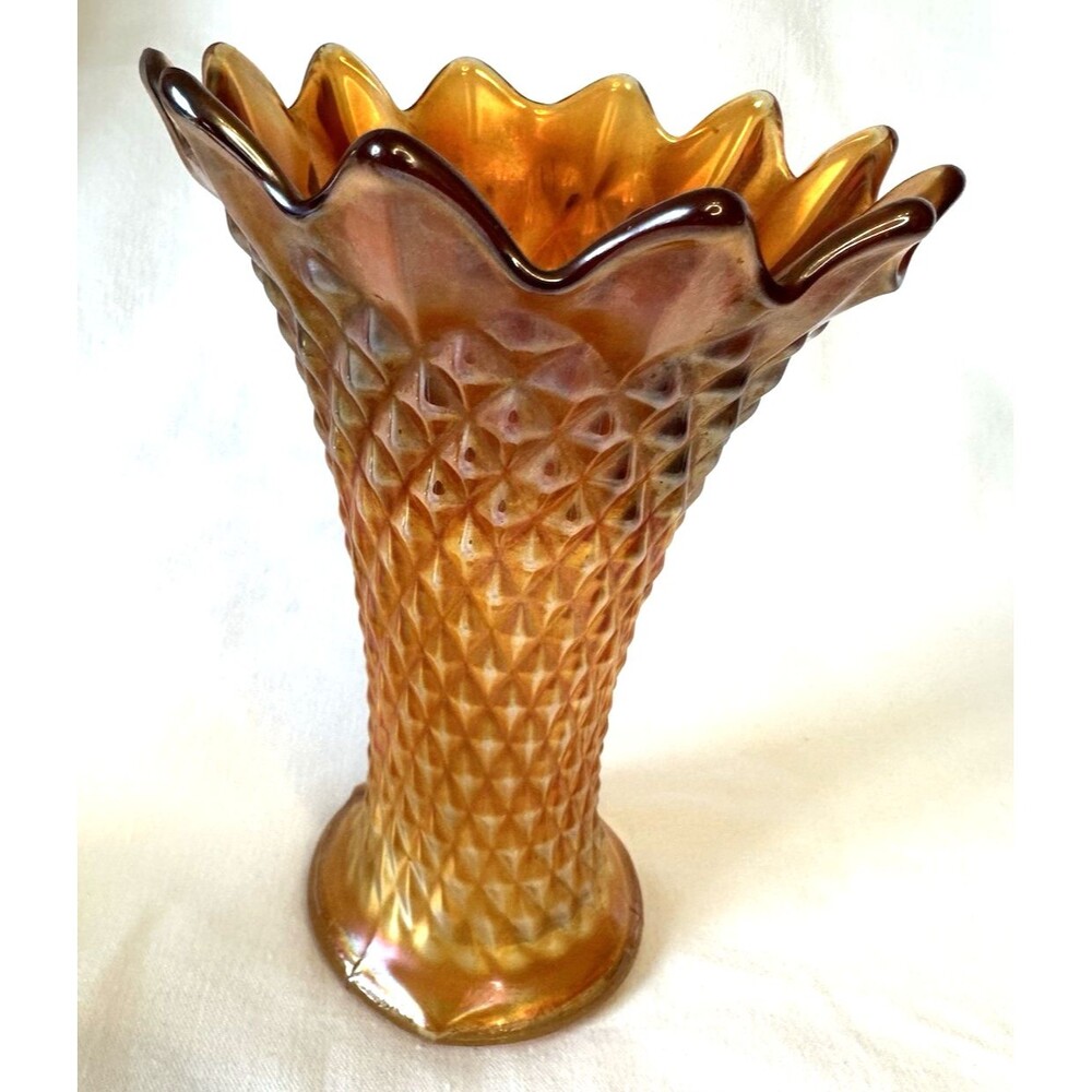 Antique Northwood Diamond Point Carnival Glass Swung Vase12 Point  Dark Marigold